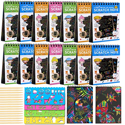 POKONBOY 16 Pack Scratch Arts and Crafts Notebooks Scratch Note Pads for Kids Rainbow Party Favors Coloring Books for Kids Art Party Supplies Stocking Stuffers16 Wooden Stylus 4 Drawing Stencils - Image 1