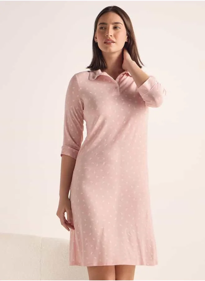 FAV All-Over Print Night Dress with Polo Collar and 3/4 Sleeves