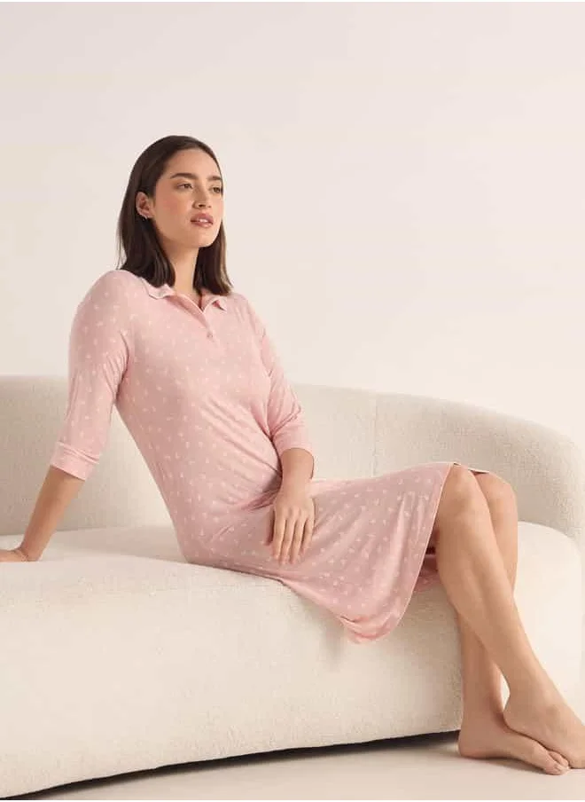 FAV All-Over Print Night Dress with Polo Collar and 3/4 Sleeves