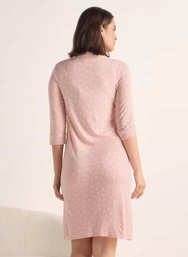 Splash FAV All-Over Print Night Dress with Polo Collar and 3/4 Sleeves