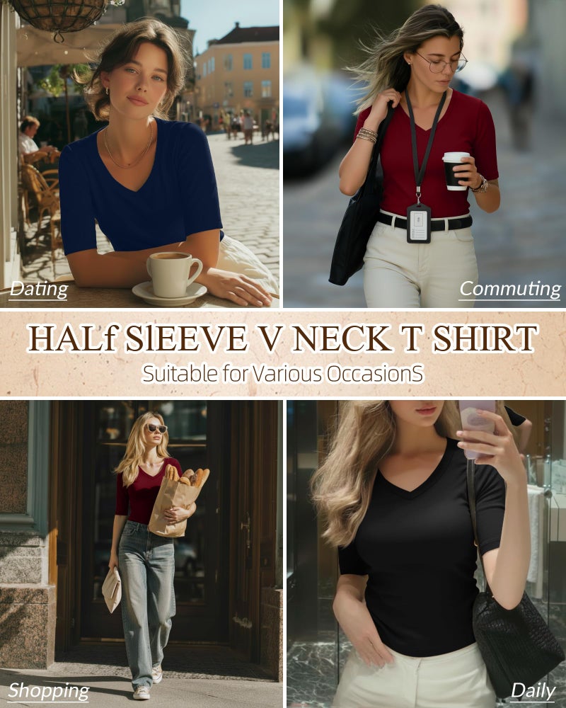 Ficerd 3 Pack Women's Half Sleeve V Neck T Shirts, Mid Elbow Length Sleeve Shirt Slim Fit Tunic Top Casual Summer Tee(Black, Wine Red, Navy Blue,Medium) - Image 2