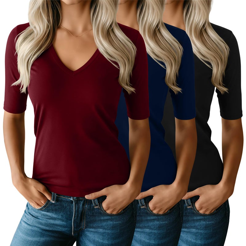 Ficerd 3 Pack Women's Half Sleeve V Neck T Shirts, Mid Elbow Length Sleeve Shirt Slim Fit Tunic Top Casual Summer Tee(Black, Wine Red, Navy Blue,Medium) - Image 1