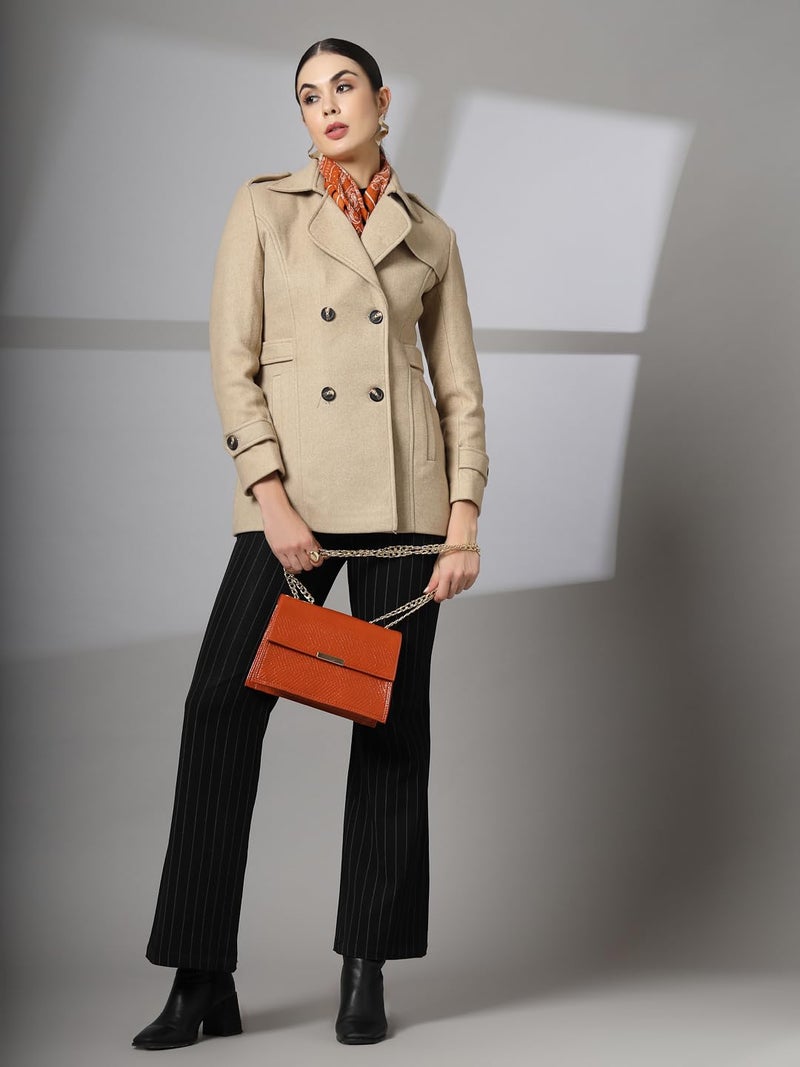 CHKOKKO Women Elegant Winter Long Coat Double Breasted | Hip Length Design with Notched Lapel Collar and Practical Front Side Pockets for Sophisticated Appeal BEIGE M - Image 3