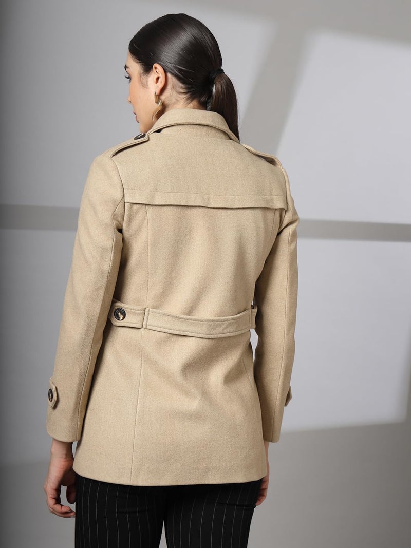 CHKOKKO Women Elegant Winter Long Coat Double Breasted | Hip Length Design with Notched Lapel Collar and Practical Front Side Pockets for Sophisticated Appeal BEIGE M - Image 4