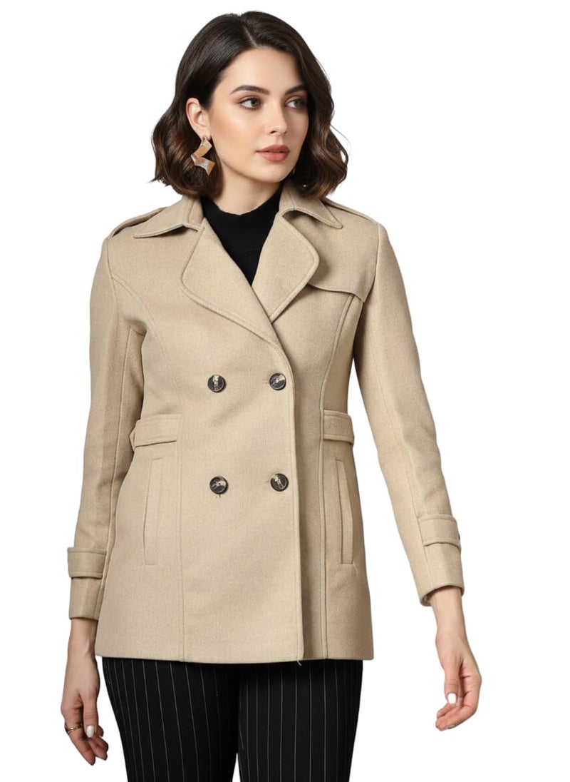 CHKOKKO Women Elegant Winter Long Coat Double Breasted | Hip Length Design with Notched Lapel Collar and Practical Front Side Pockets for Sophisticated Appeal BEIGE M - Image 1