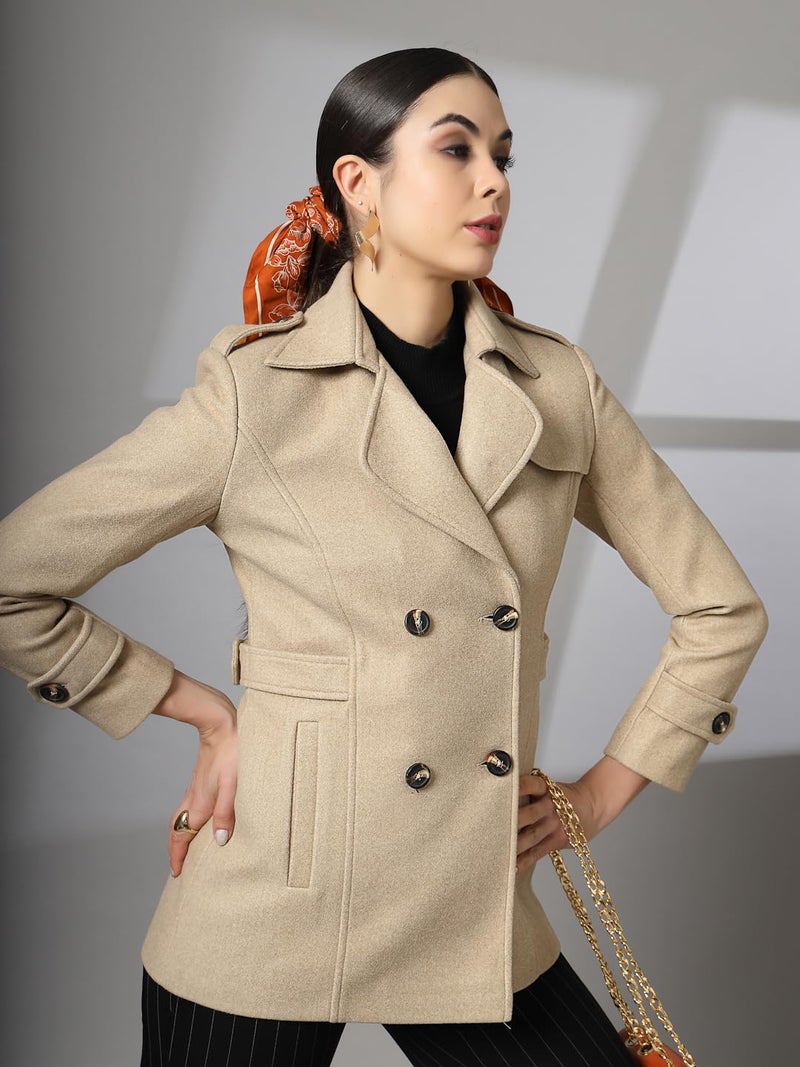 CHKOKKO Women Elegant Winter Long Coat Double Breasted | Hip Length Design with Notched Lapel Collar and Practical Front Side Pockets for Sophisticated Appeal BEIGE M - Image 5