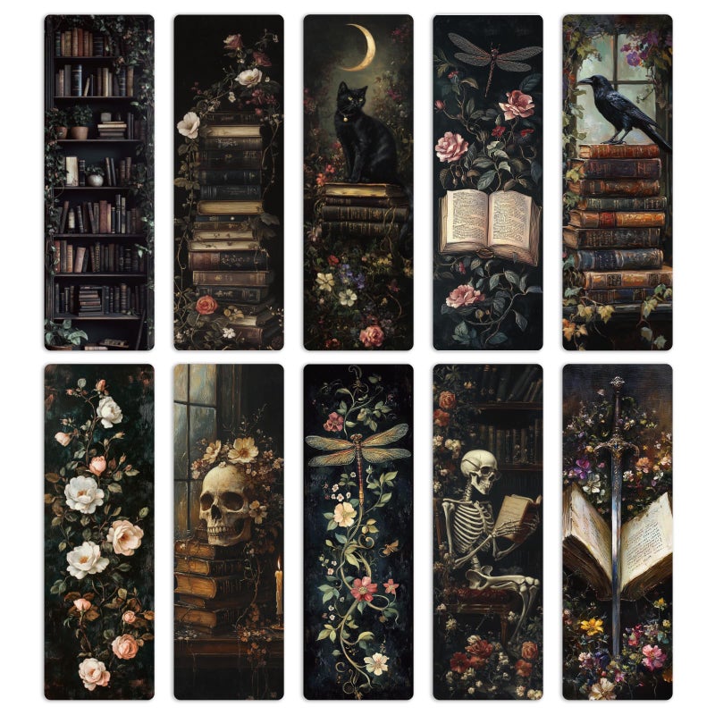 AFRITEE Gothic Dark Academia Bookmarks for Women - 20 Pcs Vintage Books Flowers Cottagecore Paper Bookmark for Novel Lovers, Retro Dark Romance Aesthetic Black Cat Skull Decorations Gift for Book Lovers - Image 1