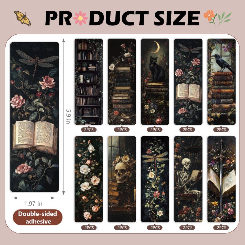 AFRITEE Gothic Dark Academia Bookmarks for Women - 20 Pcs Vintage Books Flowers Cottagecore Paper Bookmark for Novel Lovers, Retro Dark Romance Aesthetic Black Cat Skull Decorations Gift for Book Lovers - Image 4