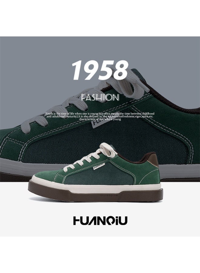 HUANQIU 1958 Vintage Green Low-Top Sneakers - Retro Casual Canvas & Suede Mixed-Material Shoes for Men 32SIZE