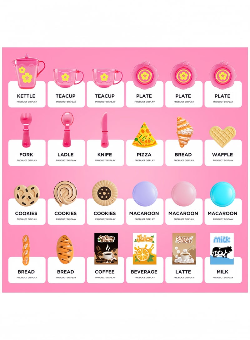 مجموعة من 25 قطعة من ألعاب التظاهر لحفلة شاي ما بعد الظهيرة، لعبة وقت الشاي للأميرة تتضمن البيتزا والكعك والخبز والمكارون وحقيبة حمل، هدية للأولاد والبنات (وردي) - Image 4
