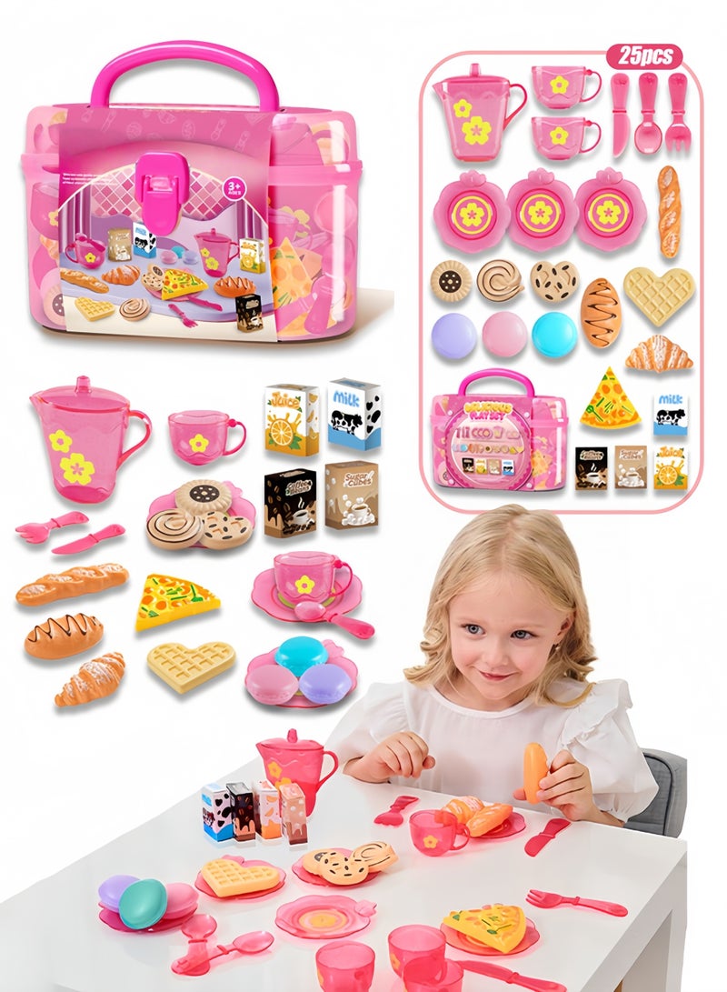 مجموعة من 25 قطعة من ألعاب التظاهر لحفلة شاي ما بعد الظهيرة، لعبة وقت الشاي للأميرة تتضمن البيتزا والكعك والخبز والمكارون وحقيبة حمل، هدية للأولاد والبنات (وردي) - Image 1
