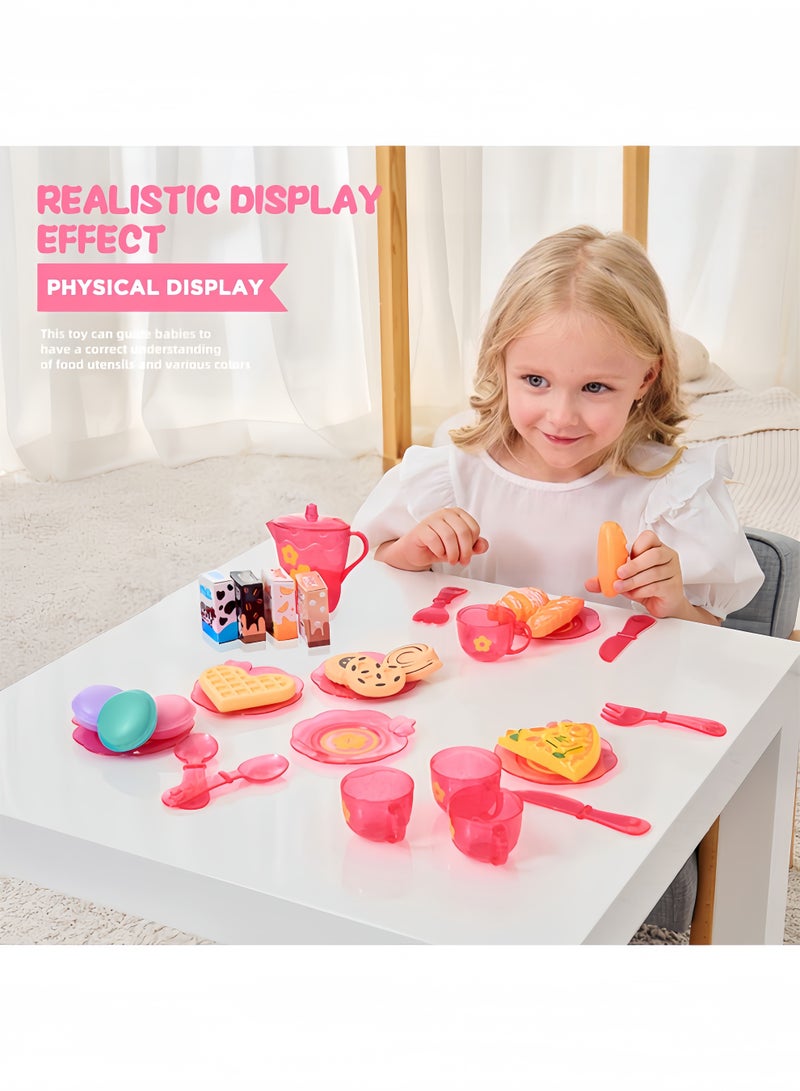 مجموعة من 25 قطعة من ألعاب التظاهر لحفلة شاي ما بعد الظهيرة، لعبة وقت الشاي للأميرة تتضمن البيتزا والكعك والخبز والمكارون وحقيبة حمل، هدية للأولاد والبنات (وردي) - Image 5