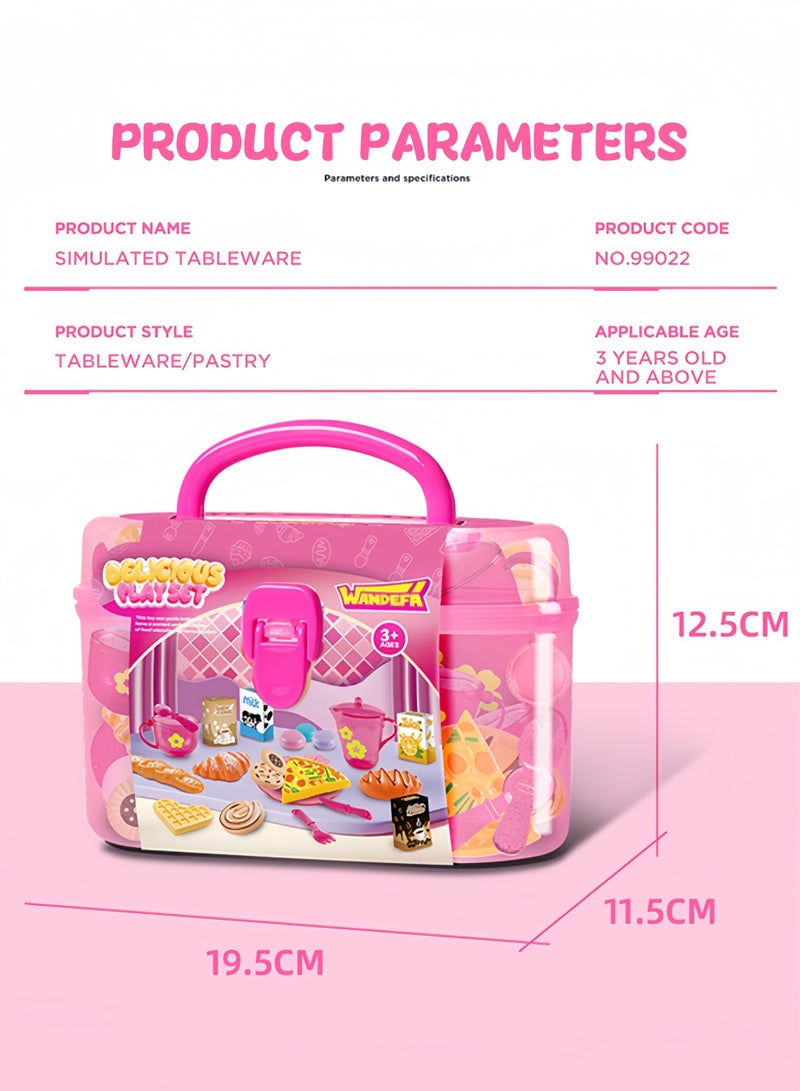 مجموعة من 25 قطعة من ألعاب التظاهر لحفلة شاي ما بعد الظهيرة، لعبة وقت الشاي للأميرة تتضمن البيتزا والكعك والخبز والمكارون وحقيبة حمل، هدية للأولاد والبنات (وردي) - Image 2