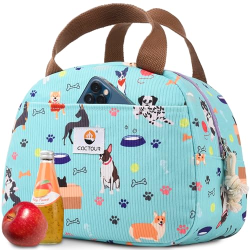 CaCTOUR Lunch Box for Kids Girls Boys Women Cute Lunch Box Cooler Bag Portable Small Insulated LunchBox Reusable Corduroy Lunch Tote for WorkTravelPicnicSchoolPet Green