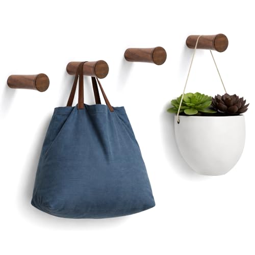 Jetec 4 Pack Wood Wall Hooks 3" Large Wooden Coat Hook Solid Walnut Hat Pegs Wall Mounted Heavy Duty Brown Towel Hangers Rustic Entryway Organizer Large Racks for Hanging Clothes Bag Potted Plants - Image 1
