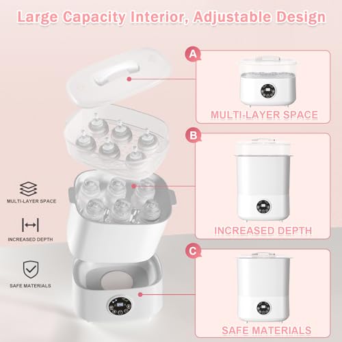 Fisca Baby Bottle Sterilizer and Dryer, 5-in-1 Large Capacity Bottle Sanitizer and Dryer, 2 Layers Compact Baby Bottle Electric Steam Sterilizer and Dryer for Baby Bottles, Pacifiers, Pump Parts - Image 4