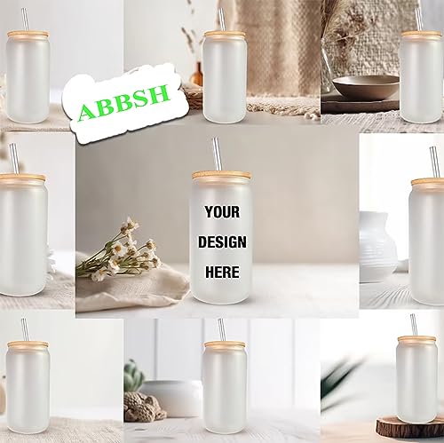 ABBSH Sublimation Glass Cups With Bamboo Lids And Straws, Frosted Sublimation Glass With Bamboo Lid 16OZ，Sublimation Beer Can Glass, Sublimation Frosted Glass Tumbler Blanks 12Pack - Image 5