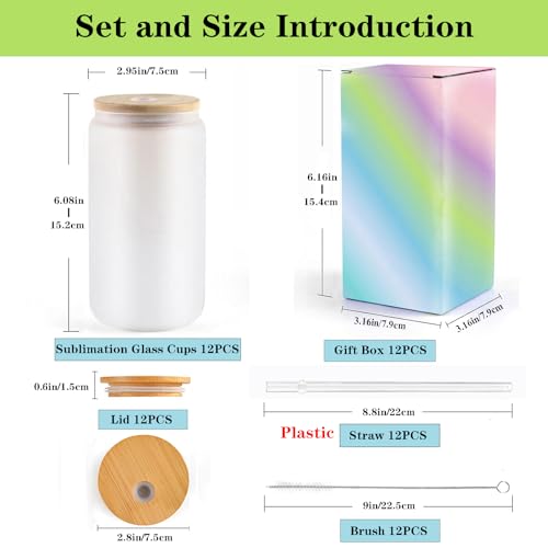 ABBSH Sublimation Glass Cups With Bamboo Lids And Straws, Frosted Sublimation Glass With Bamboo Lid 16OZ，Sublimation Beer Can Glass, Sublimation Frosted Glass Tumbler Blanks 12Pack - Image 2