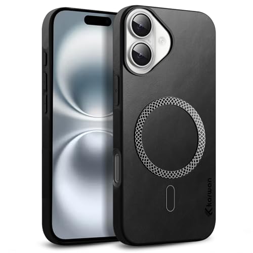 KARWAN Shockproof Hybrid Leather Finish Back Case Cover Compatible with iPhone 16 Plus with Wireless MagEaze Charging Cover, Anti-Scratch Shield Case with Strong Minimalist Design (Black) - Image 1