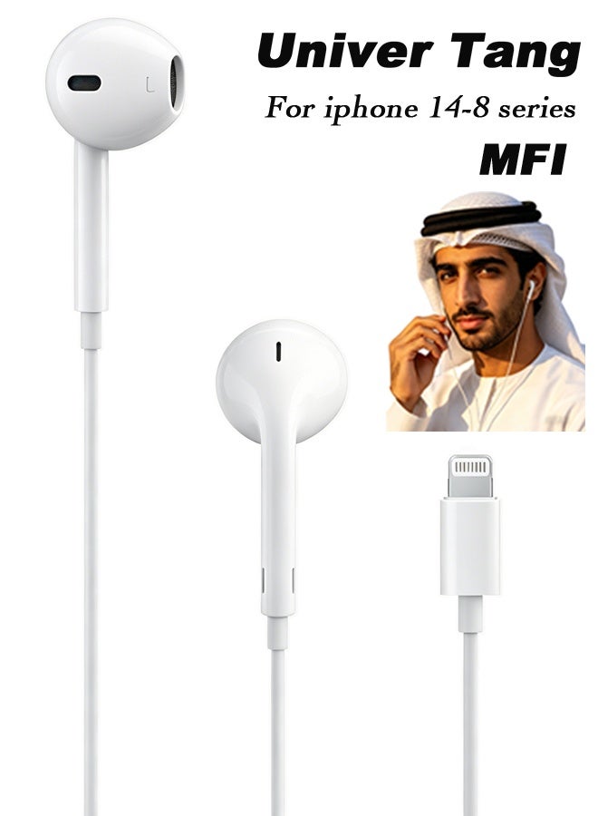 Univer Tang Wired Earphones for iPhone Lightning Headphones MFi Certified with Microphone & Volume Control Compatible with iPhone 14 13 12 11 XR XS X 8 7 SE iPad – White - Image 1