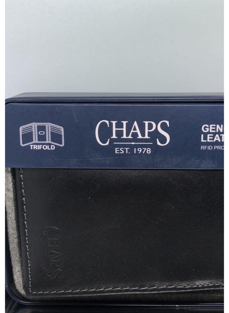 Chaps wallet Genuine Leather Black Color Trifold
