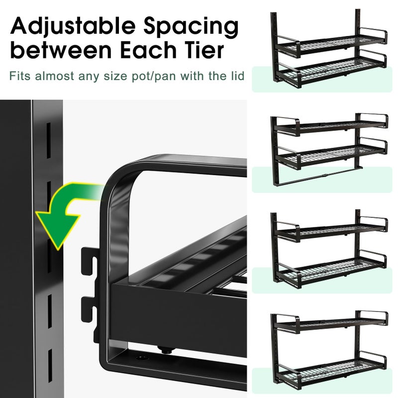 PXRACK 19"- 30" Expandable Hanging Pot Rack, 2 Tier Heavy Duty Wall Mounted Pots and Pans Organizer with 10 Hooks and 5 Pot Lid Holders, Pot Hanger Shelf for Kitchen Cookware Utensils Organizers and Storage - Image 3