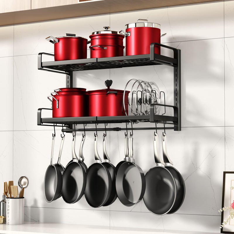 PXRACK 19"- 30" Expandable Hanging Pot Rack, 2 Tier Heavy Duty Wall Mounted Pots and Pans Organizer with 10 Hooks and 5 Pot Lid Holders, Pot Hanger Shelf for Kitchen Cookware Utensils Organizers and Storage - Image 1