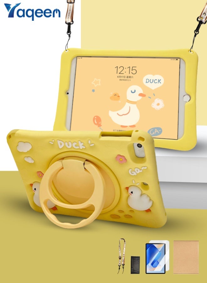 غطاء iPad للأطفال مقاوم للسقوط، جراب iPad من الجيل الحادي عشر/iPad من الجيل العاشر على شكل بطة، غطاء لوحي للأطفال من إسفنج EVA خالٍ من مادة BPA مع حزام حقيبة مدرسية مجاني + واقي شاشة مضاد للتوهج + مقبض متعدد 3 في 1 (مقبض/حامل/درج أقلام) - أصفر - Image 1