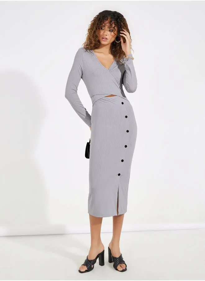 Styli Button Detail Front Slit Bodycon Midi Dress