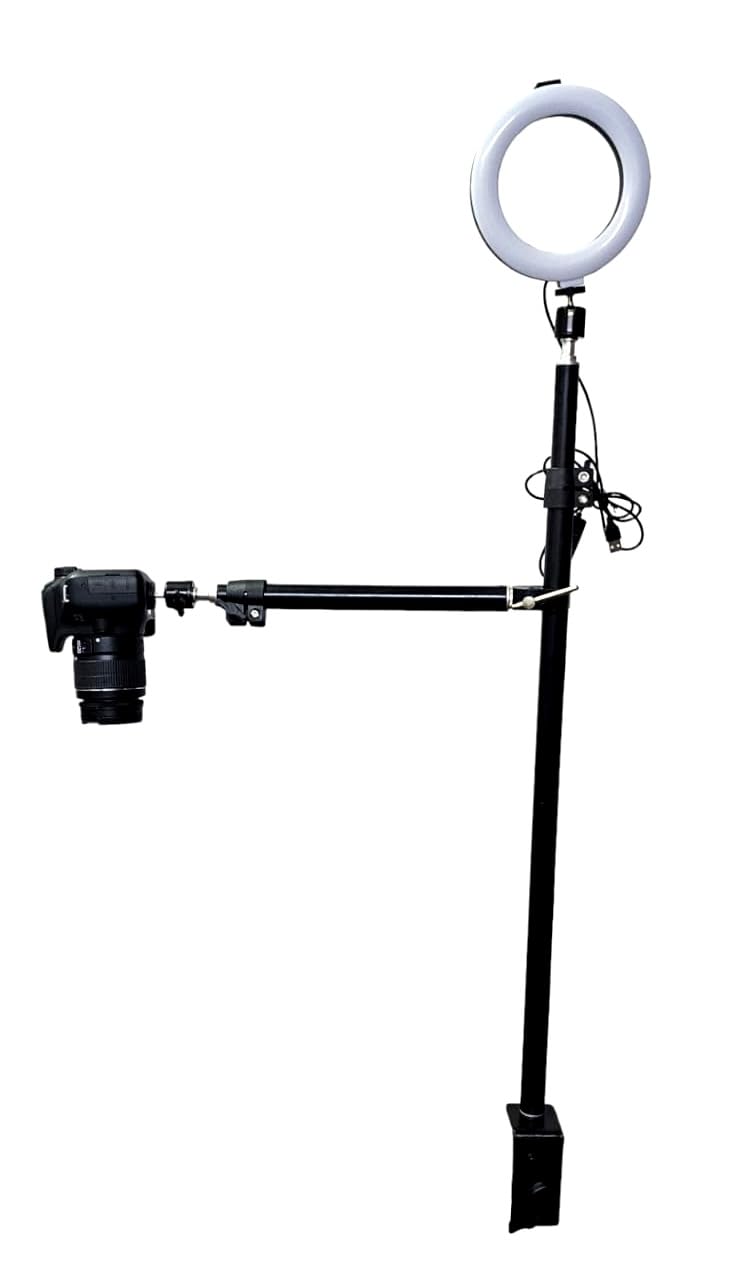 SHOPEE Camera Desk Mount with Auxiliary Holding Arm, Overhead Camera Mount with 360° Ballhead and Phone Grip, Table C-Clamp Multi Mount Stand for DSLR, Phone, Light, Webcam and More - Image 1