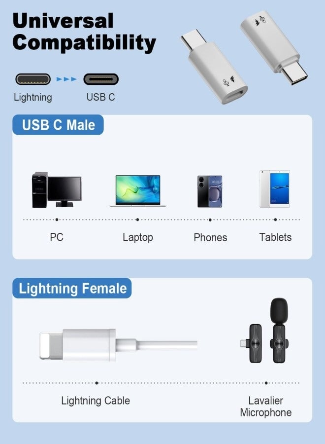 2 Pack USB C to Lightning Microphone Adapter, USB C Male to Lightning Female Adapter for Wireless Lavalier Microphone for iPhone 16/15 Plus Pro Max, iPad Pro/Air, Not for Headphone/Data(-White)