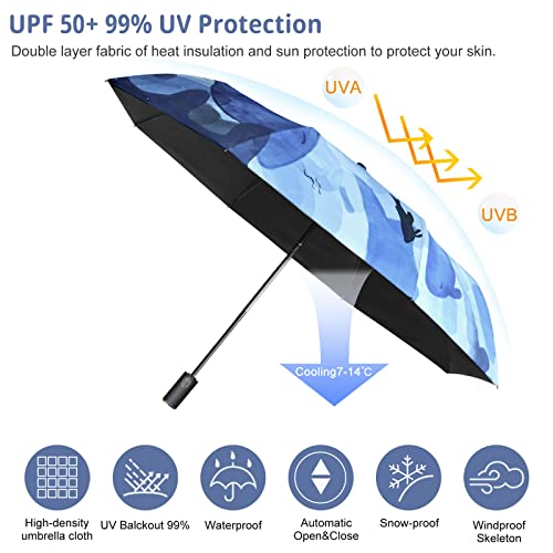 Cuby UV Sun Umbrella Compact Folding Travel Umbrella Auto Open and Close for Windproof, Rainproof & 99.9% UV Protection Parasol with Black Anti-UV Coating (Blue Whale) - Image 2