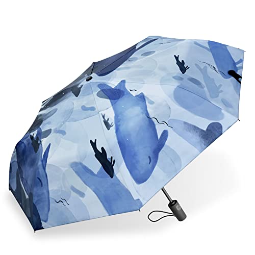 Cuby UV Sun Umbrella Compact Folding Travel Umbrella Auto Open and Close for Windproof, Rainproof & 99.9% UV Protection Parasol with Black Anti-UV Coating (Blue Whale) - Image 1