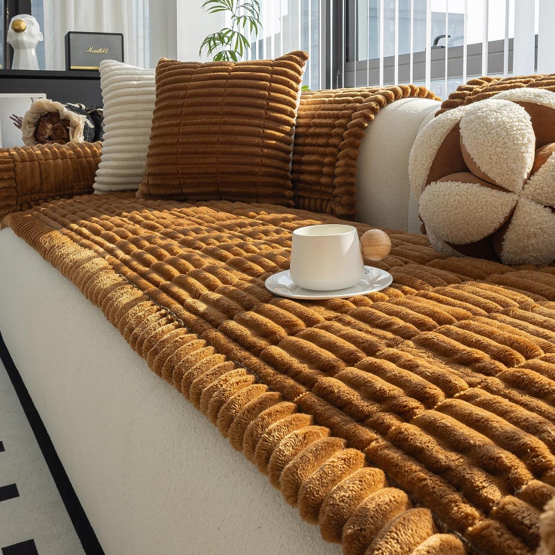 MDSASFD Sofa Couch Cover, Sofa Covers for Dogs Washable, Non-Slip Striped Sofa Slipcovers for Sectional Sofa, Sofa Cover Furniture Protector for L Shaped(Light Brown, 27.6"x 82.7") - Image 1