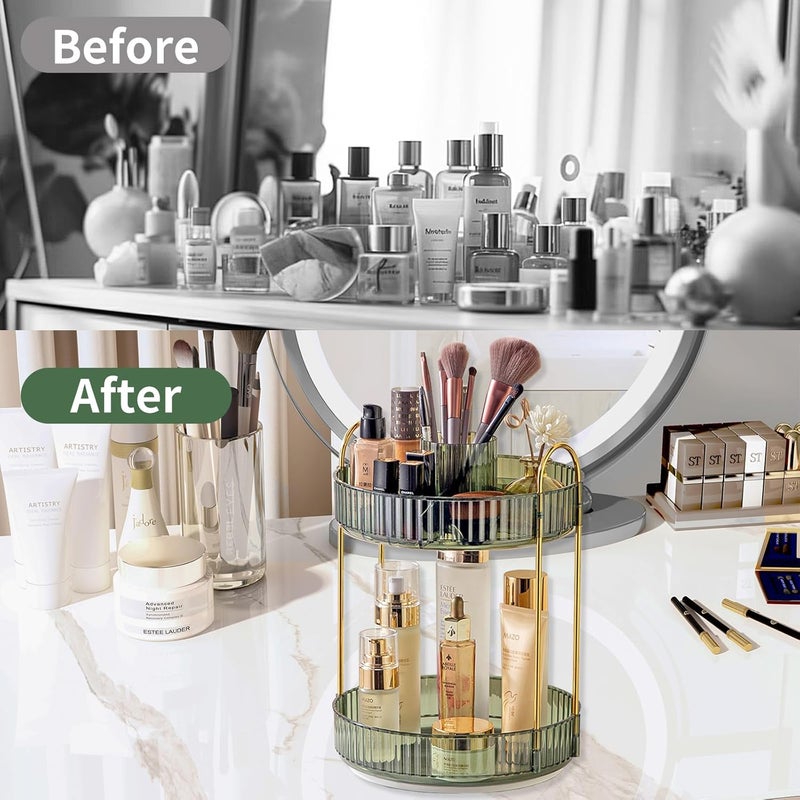 Asayuee 360 Rotating Makeup Organizer,2 Tier Large Capacity Make Up Organizers and Storage,Skincare Perfume Vanity Organizers,Bathroom Cosmetics Storage Organizer Countertop (Green) - Image 4