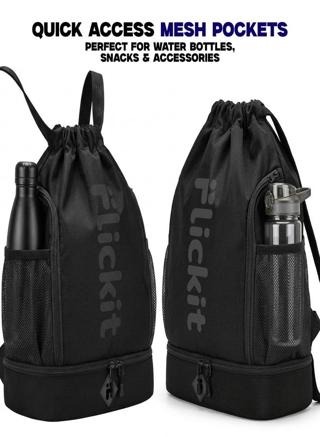 FLICKIT Pro Drawstring Sports Backpack with Shoe Compartment | Waterproof Gym & Football Bag | Mesh Side Pockets | Dual Zip Storage - Image 4