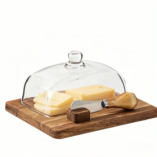HAN SHENG Wooden Butter Dish with Glass Lid Fits East West Coast Sticks Includes Stainless Steel Knife Rustic Kitchen Countertop Decor - Image 1