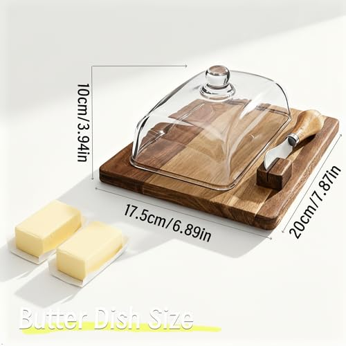 HAN SHENG Wooden Butter Dish with Glass Lid Fits East West Coast Sticks Includes Stainless Steel Knife Rustic Kitchen Countertop Decor - Image 3