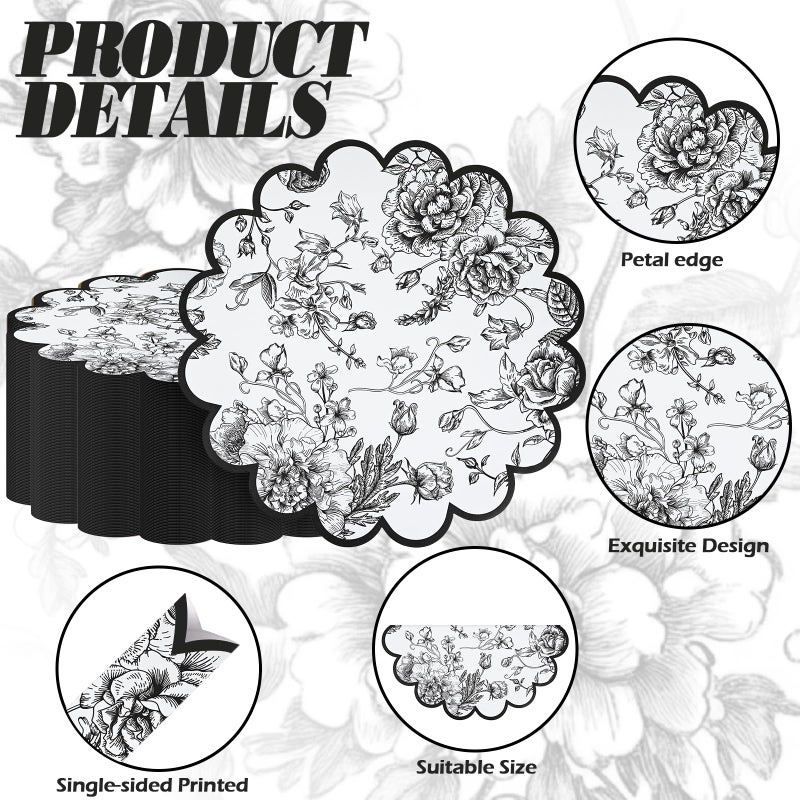 Stuffygreenus Stuffygreen 100 Pcs Black Floral Paper Placemats with Scalloped Edges 15 Inch Chinoiserie Paper Table Mats Vintage Floral Place Mats for Dining Parties Weddings Holidays Table Decorations - Image 3