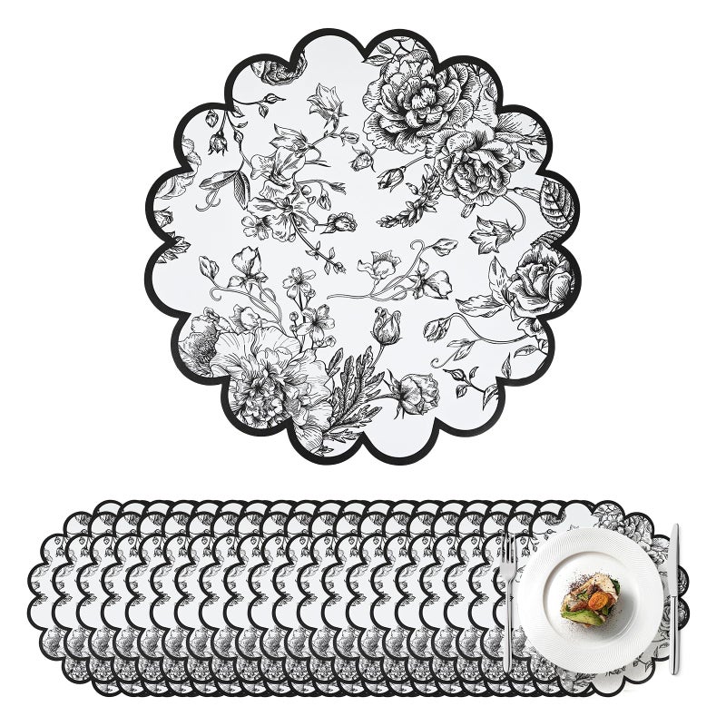 Stuffygreenus Stuffygreen 100 Pcs Black Floral Paper Placemats with Scalloped Edges 15 Inch Chinoiserie Paper Table Mats Vintage Floral Place Mats for Dining Parties Weddings Holidays Table Decorations - Image 1
