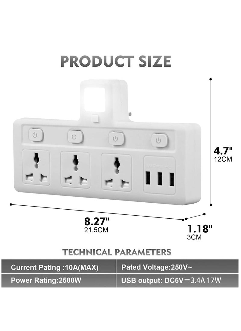 TYCOM Power Adapter Multi Plug Extension with 3 USB Night Light Extender Wall Charger Socket Multiple Electrical Outlet Adaptor Charging Station for Home Office -3 Way 3 USB Night Light  - Image 2