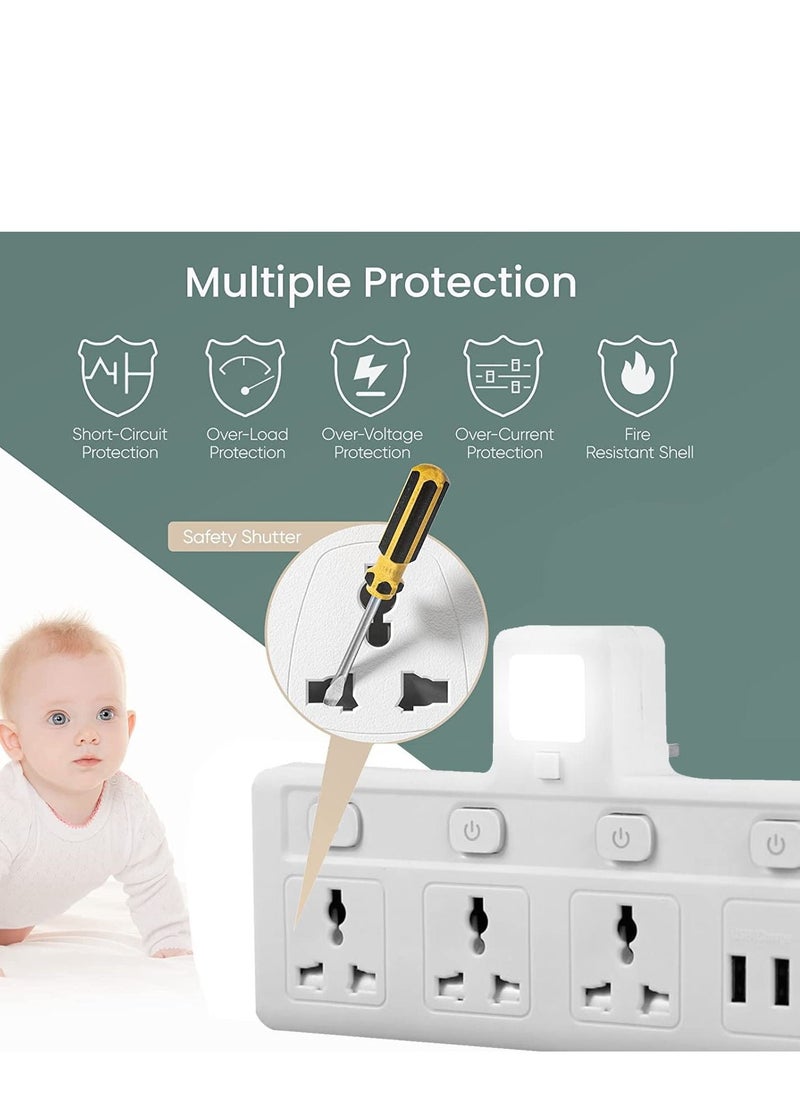 Power Adapter Multi Plug Extension with 3 USB Night Light Extender Wall Charger Socket Multiple Electrical Outlet Adaptor Charging Station for Home Office -3 Way 3 USB Night Light