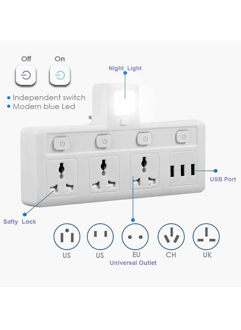 TYCOM Power Adapter Multi Plug Extension with 3 USB Night Light Extender Wall Charger Socket Multiple Electrical Outlet Adaptor Charging Station for Home Office -3 Way 3 USB Night Light  - Image 3
