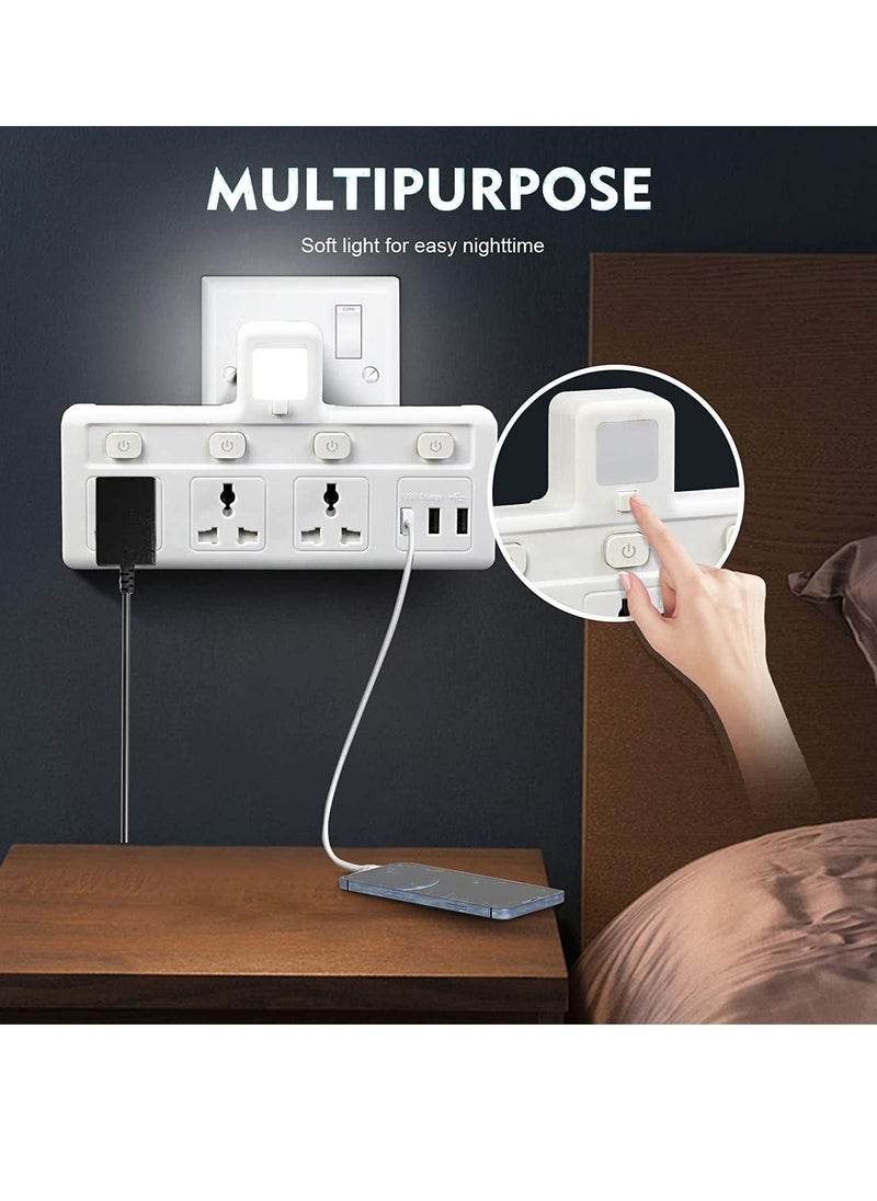 Power Adapter Multi Plug Extension with 3 USB Night Light Extender Wall Charger Socket Multiple Electrical Outlet Adaptor Charging Station for Home Office -3 Way 3 USB Night Light
