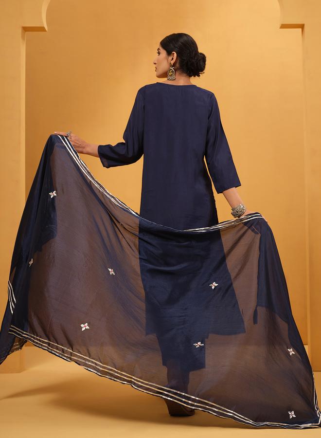 ISHIN Women's Blue Viscose Embellished Tunic Upperwear Calf Length Palazzo Bottomwear Straight Fit 3 Peice Kurta Set - Image 2