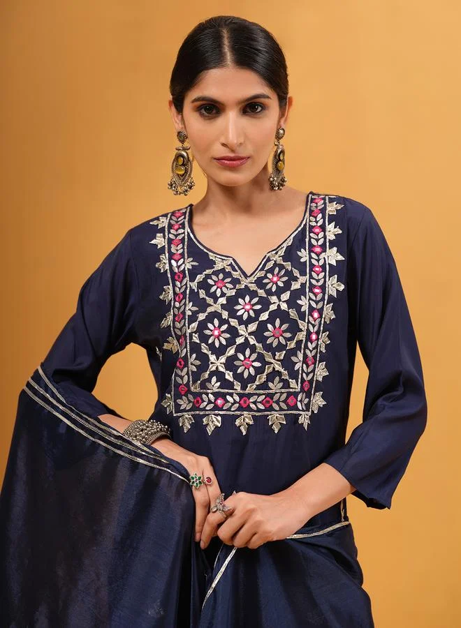 ISHIN Women's Blue Viscose Embellished Tunic Upperwear Calf Length Palazzo Bottomwear Straight Fit 3 Peice Kurta Set