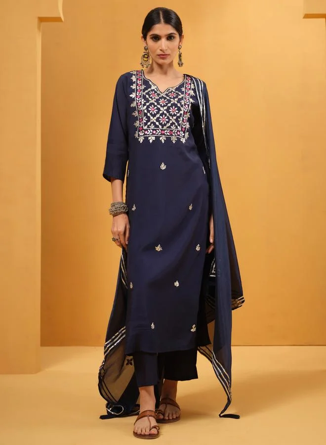 ISHIN Women's Blue Viscose Embellished Tunic Upperwear Calf Length Palazzo Bottomwear Straight Fit 3 Peice Kurta Set