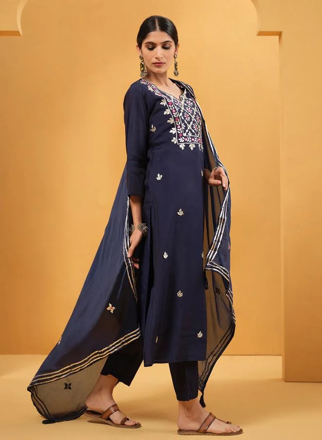 ISHIN Women's Blue Viscose Embellished Tunic Upperwear Calf Length Palazzo Bottomwear Straight Fit 3 Peice Kurta Set