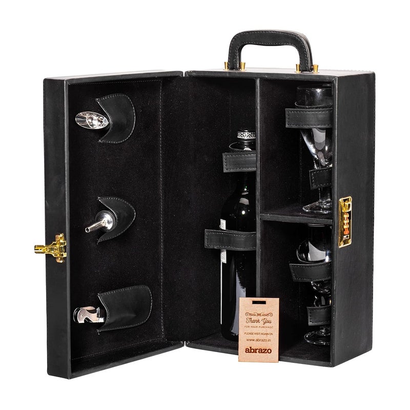 abrazo Abrazo Wine Accessories Set Leatherette Gift Box with 2 Wine Glass 3 Wine Accessories Black  - Image 1