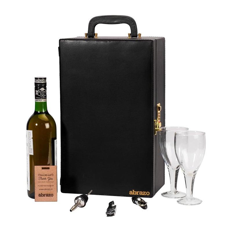 abrazo Abrazo Wine Accessories Set Leatherette Gift Box with 2 Wine Glass 3 Wine Accessories Black  - Image 2